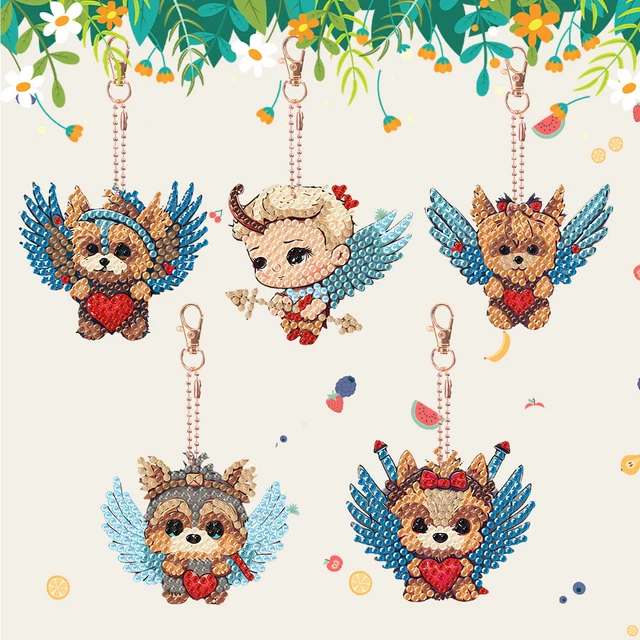 FR DIY Point Drill Key Ring Angel Dog 5pcs Full Drill Mosaic Making Decoration G