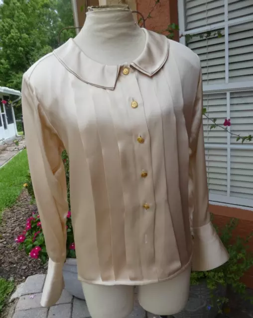 Chanel Button Front Silk Blouse 7 Logo'd Buttons Champagne W Peter Pan Collar S
