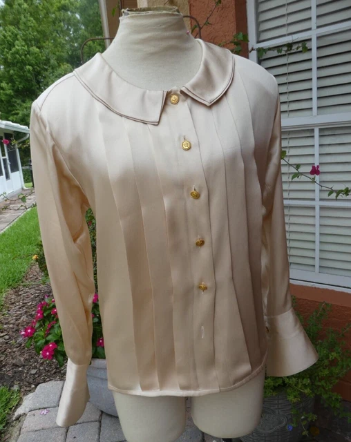 Chanel Button Front Silk Blouse 7 Logo'd Buttons Champagne W Peter Pan Collar S Chanel Button Front Silk Blouse 7 Logo'd Buttons Champagne W Peter Pan Collar S