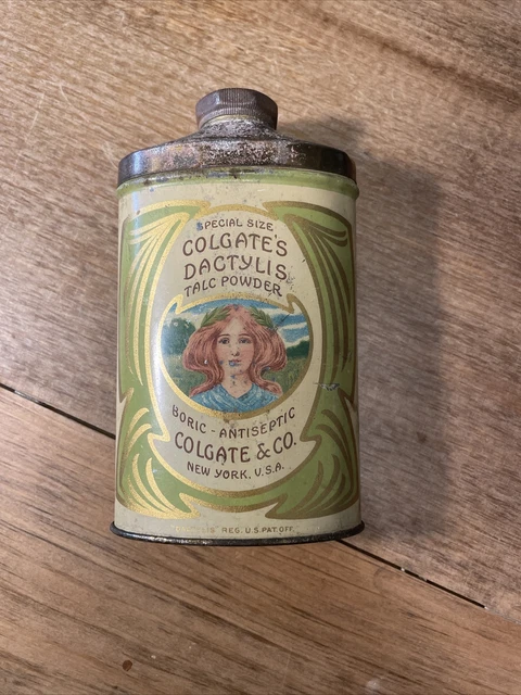ANTIQUE COLGATE'S DACTYLIS TALC POWDER TIN Boric-antiseptic NY, USA, Half Full