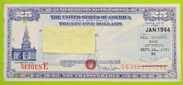 Jan 1944- $25 US Savings Bond Series E Independence Hall Philadelphia Punch Card