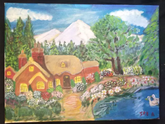 Vintage Mountain Landscape Oil Painting House Artist Signed Ike A Folk Art Naive