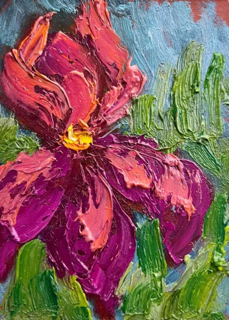 ABSTRACT IRIS PALETTE knife oil painting Purple orange Iris flower ...