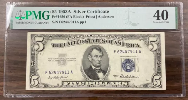 1953A $5 Silver Certificate Fr#1656 (FA Block) PMG 40 Extremely Fine