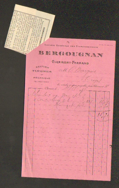 Facture D’époque 1918 – Usine Bergougnan Clermont-Ferrand, Industrie Du Pneu