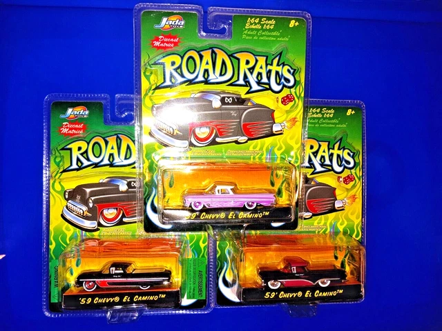 3x 59 CHEVY EL CAMINO Road Rats JADA 1/64 Die Cast Cars w/Whitewall rubber tires