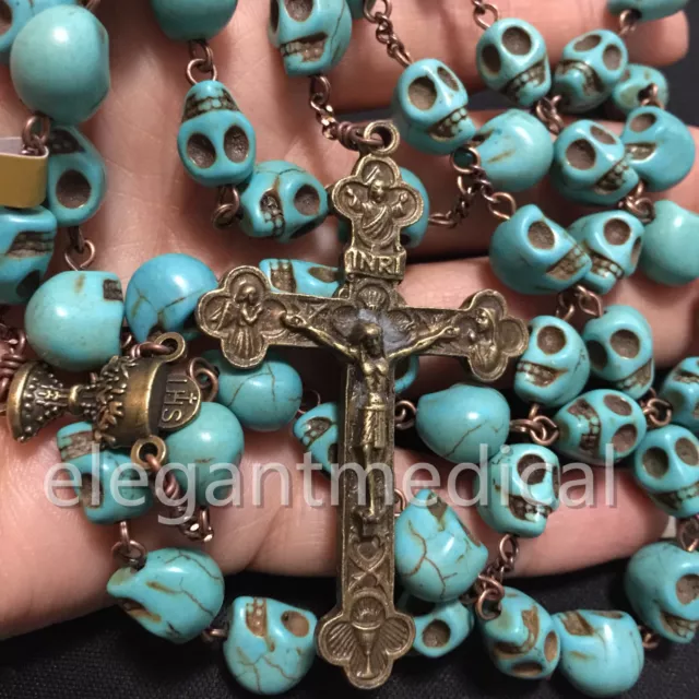 Catholic Vintage XL 10MM Turquoise skull beads Rosary Cross crucifix Necklace