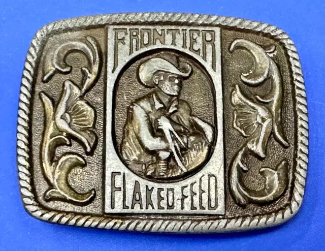 FRONTIER FLAKED FEED Advertising Cowboy Vintage Monarch Animal Food Belt Buckle