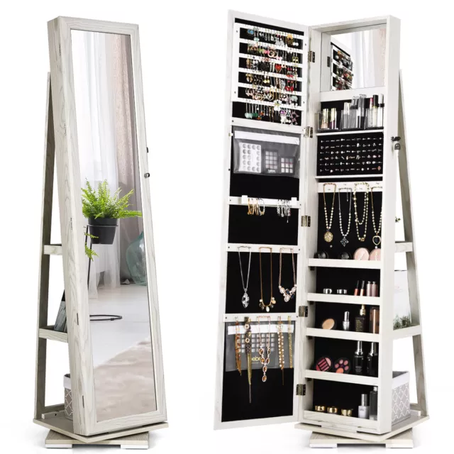 Costway 360° Rotatable Jewelry Cabinet Armoire 2-in-1 Lockable Mirrored White