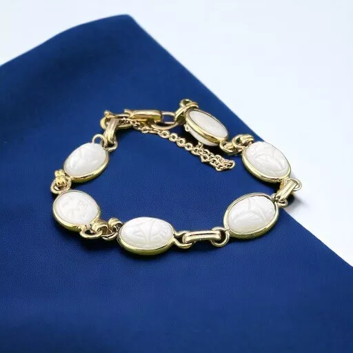 Vintage Coro White Scarab Bracelet Molded Glass Gold Tone Egyptian Revival