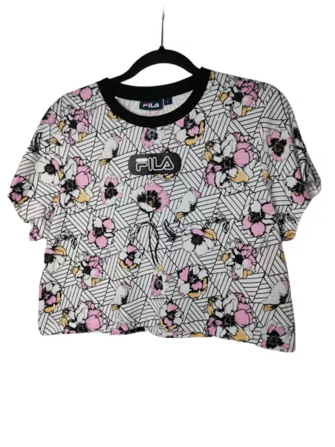 FILA Box Line T-Shirt Size L UK 14 Floral Short Top Tee Spellout Logo Short Boxy