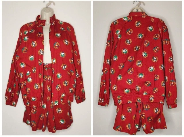 Vintage 80s 90s Bright Red Shorts Matching Jacket Set Golf Theme Cotton sz Small