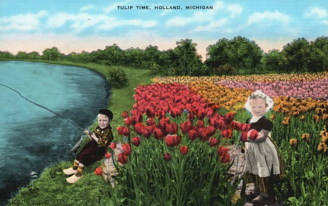 Vintage Postcard 1930's Tulip Time Holland Michigan Colorful Flowers Blooms