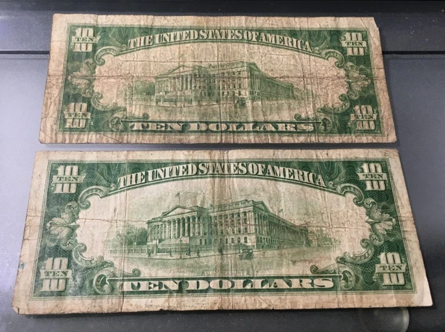 Two 1934 Ten Dollar Bills, 1 Silver Certificate Blue Seal & 1 FRN Green Seal !!! 4