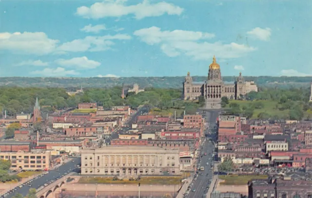 Des Moines IA Iowa Downtown Main Street Aerial View 1960s Vtg Postcard L3
