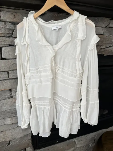 IRO White Cotton Lace Ruffled Beaded Women’s Top Tunica Blouse Size 40