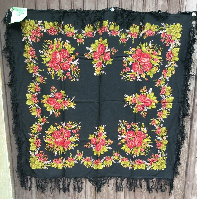 Châle / Foulard Russe Pavlovo-Posad En Laine - Motif Floral Noir - Neuf Avec étiquettes