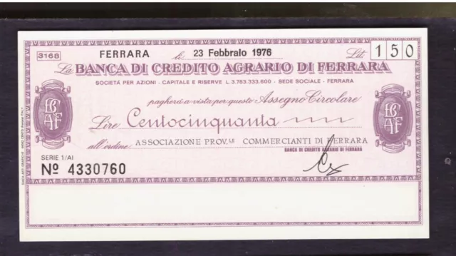 Miniassegno Banca Credito Agrario di Ferrara Ass. Commercianti 150 L 23-2-1976