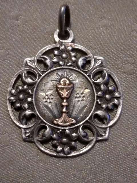 ANCIENNE MÉDAILLE COMMUNION baptême En Argent Massif pendentif bijou