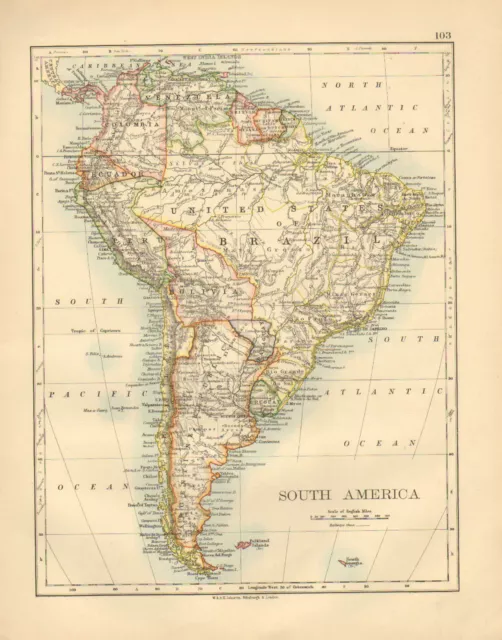 1892 Victorian Map ~ South America Peru Brazil Colombia Chile Argentina Bolivia