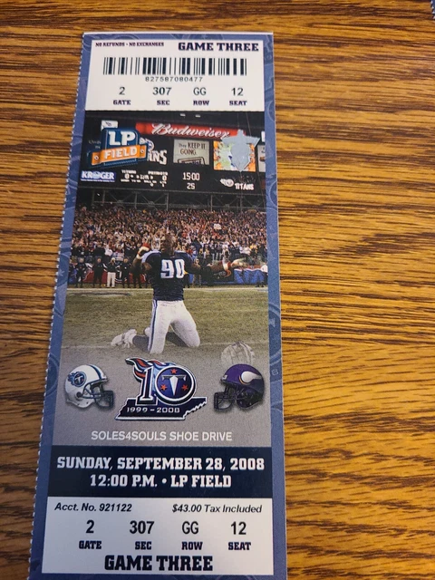 Minnesota Vikings @ Tennessee Titans Unused Ticket Stub 9/28/2008 Jevon Kearse