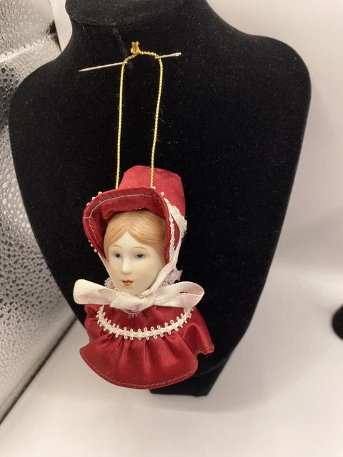Vtg Russ Berrie Red Bonnet Girl Victorian Blonde Christmas Ornament 3