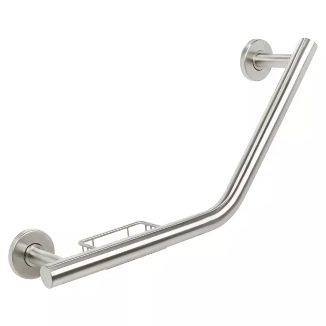 Brushed Stainless Steel Bathtub Safety Angled Shower Grab Bar Rail w/ Soap Dish