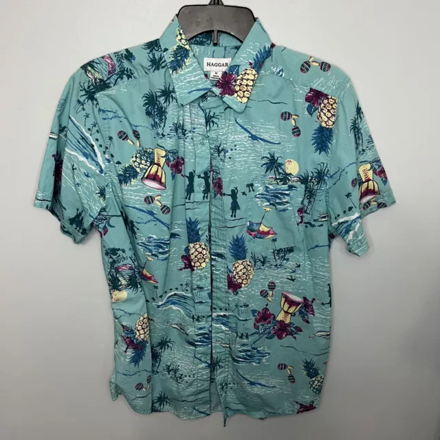 Haggar Mens Shirt Hawaiian Medium Blue Short Sleeve Button Down Pineapple Floral