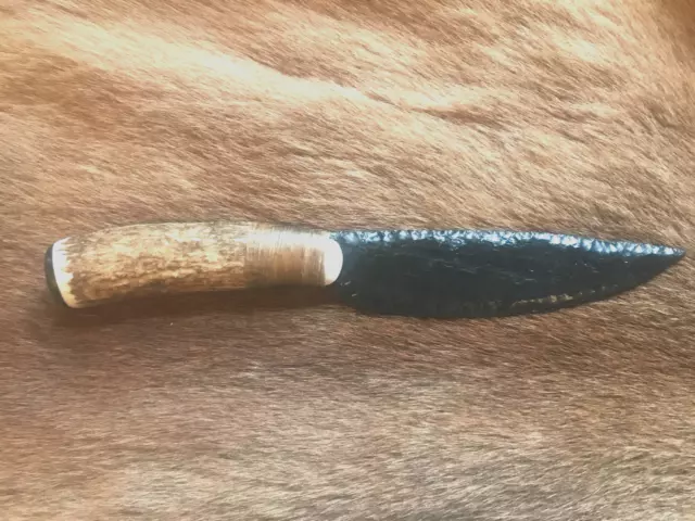 Obsidian  knife elk antler handle primitive weapon HAND CRAFTED IN THE USA