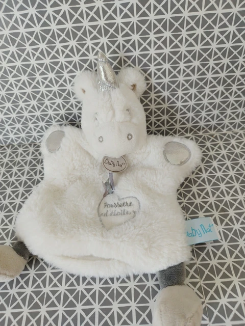 Doudou marionnette licorne blanc gris argent Poussière d'étoile Baby Nat'