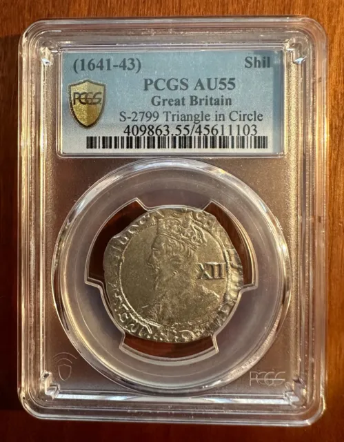 England  King Charles I   1641-1643  1 Shilling Silver Coin, Pcgs Certified Au55