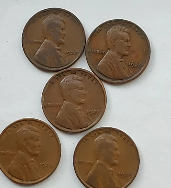 Five Roaring Twenties Lincoln Wheat Circulated Cents-1920 1926 1927 1928 & 1929