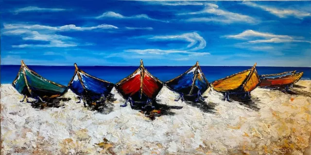 Paisaje marino barcos paisaje costero lienzo grande pintura arte de pared...