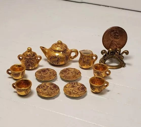 Dollhouse Miniature 1:12 Gold Tea Set by Rachel Munday Made in England RARE!!! 