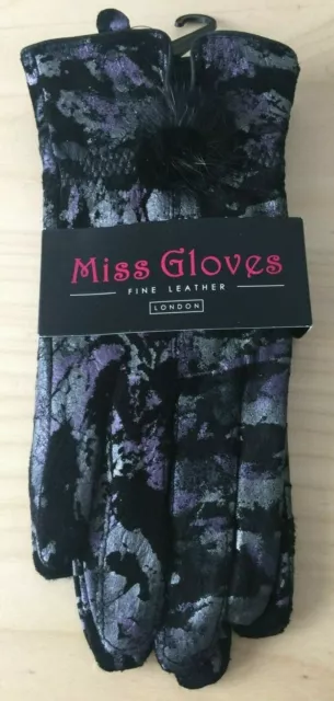 Women's Leather Gloves Black Purple Grey Pom Pom M/L Medium/Large *NEW*