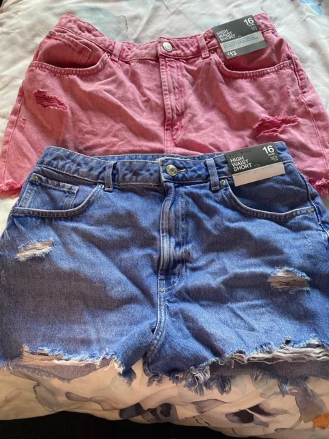 LADIES 2 X Primark High Waisted Denim Shorts 1 X Pink 1 X Blue Size UK 16 BNWT 9.99 PicClick UK