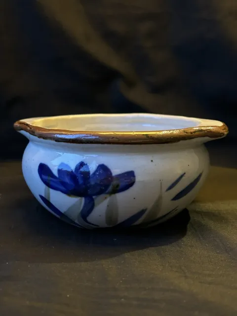 Glazed art Pottery Bowl With Handles Blue Florals Service Or Bonsai Pot