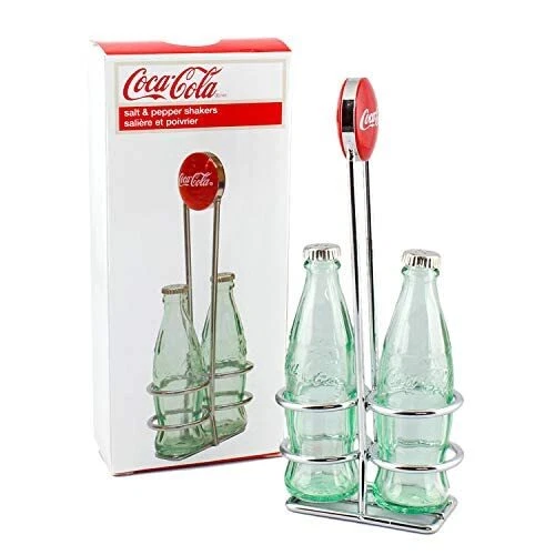 Coca-Cola Salt and Pepper Shaker Set with Chrome Plated Metal Rack, Coca-Cola