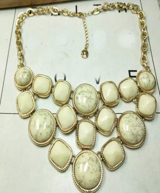 Vintage MONET White Turquoise Howlite Gold Tone Statement Bib Necklace