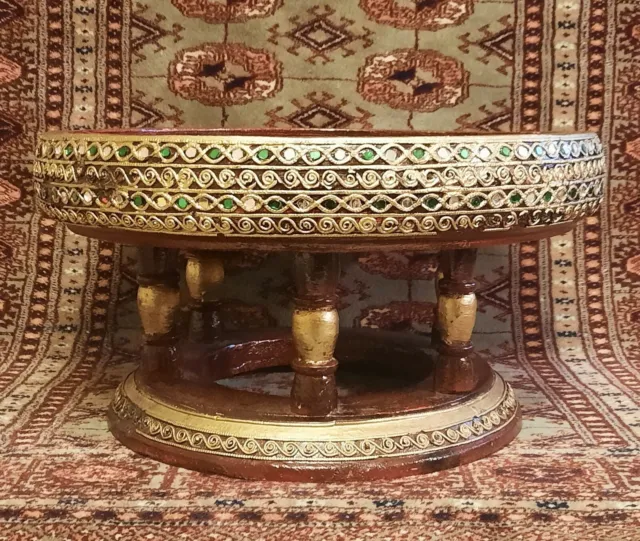 BURMESE ALTAR TABLE vtg thai temple buddha bowl sculpture gold gilt wood lacquer 12