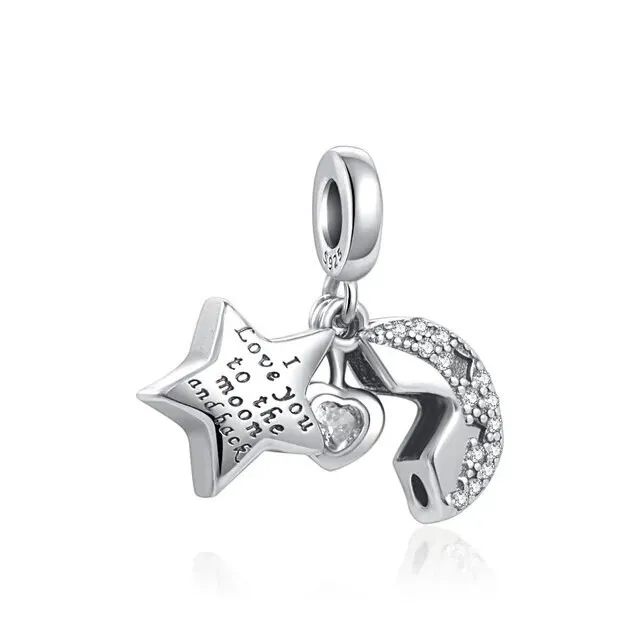S925 Sterling Silver I Love You to the Moon and Back Dangle Charm For Bracelets