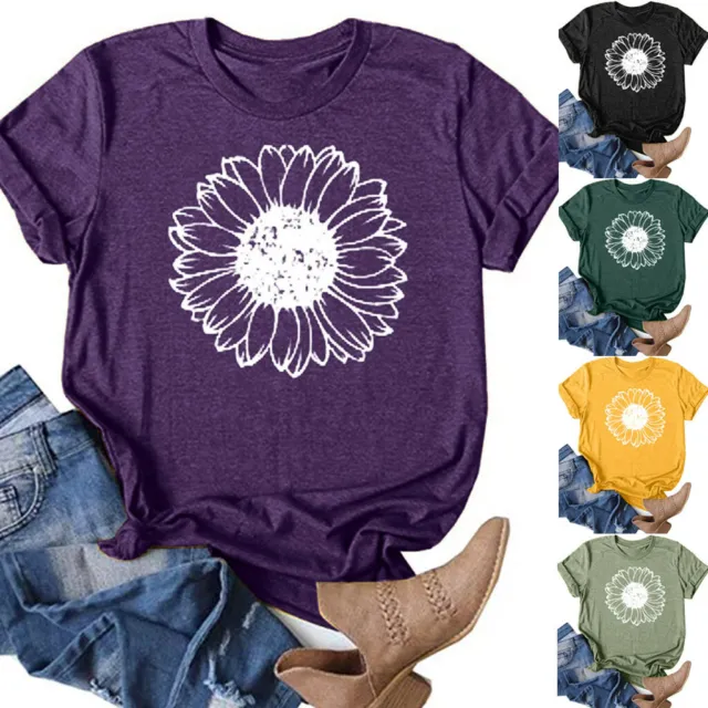 Womens Summer Short Sleeve T Shirt Blouse Ladies Floral Sunflower Basic Tee Tops