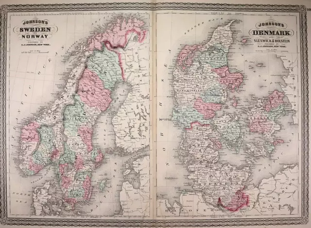 Authentic 1878 Johnson's Atlas Map ~ SWEDEN - DENMARK ~ FreeS&H    Inv#77