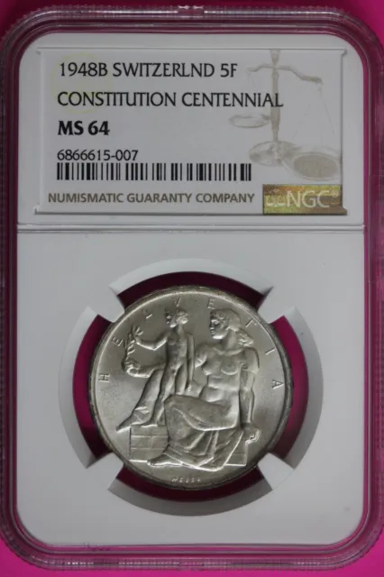1948 B MS 64 Switzerland 5 Francs Silver Coin NGC Graded Certified Slab 1498