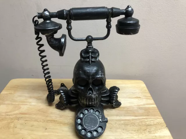 RARE Gemmy Haunted Halloween Skull Talking Telephone Spinning Red Eyes & Sound