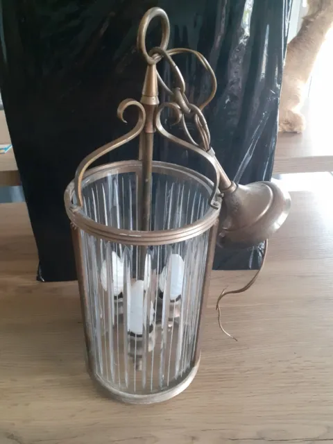 Lustre ou suspension ancienne laiton et verre Style lanterne ronde 3 feux