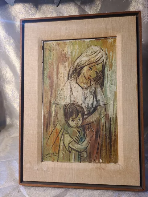 Abstract impressionist Oil on Canvas of a Mother & Child by "Pierre Diner" 1950s