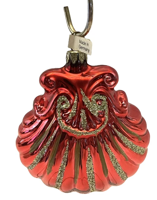 VTG Hand Blown Glass Scalloped Clam Sea Shell Red And Gold Ornament Germany