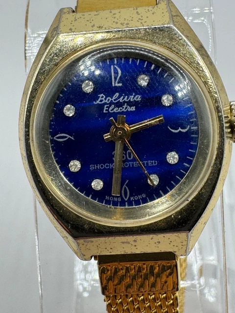 VINTAGE BOLIVIA Electra Ladies Gold Tone Watch Blue Face New  display picture 1