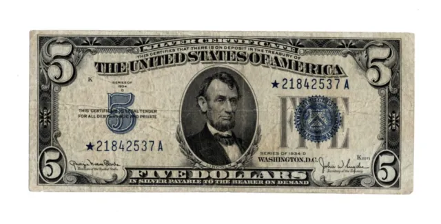 1934D $5 Silver Certificate STAR Note - VF